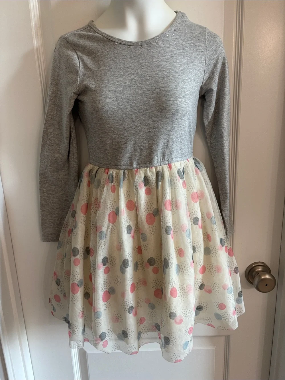 Gymboree big girls size 8 Gray Long-Sleeve Tulle Dress with pink grey dots
